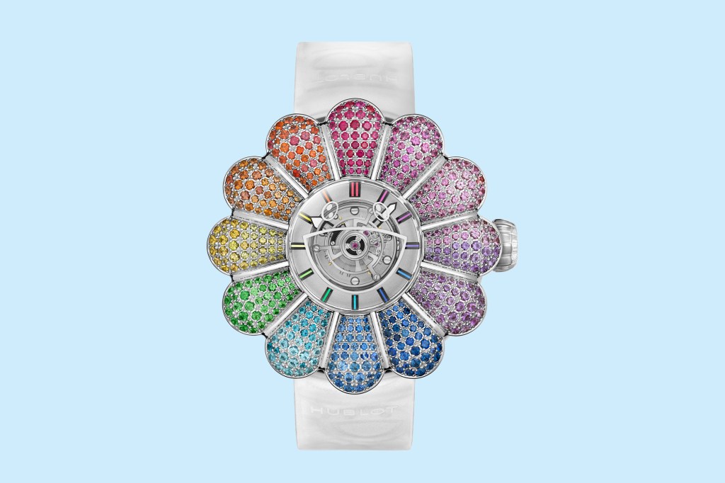 A watch with colorful crystals